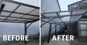名取市T様邸のカーポート波板交換工事ビフォーアフター写真｜張り替え前後で明るさと美観が改善