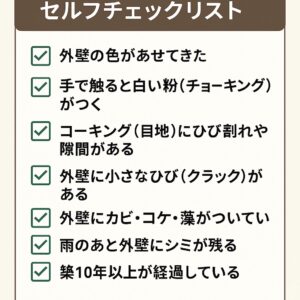 外壁塗装が必要か確認できるセルフチェックリスト｜色あせ・チョーキング・ひび割れ・カビやシミなど築10年以上で見られる劣化症状