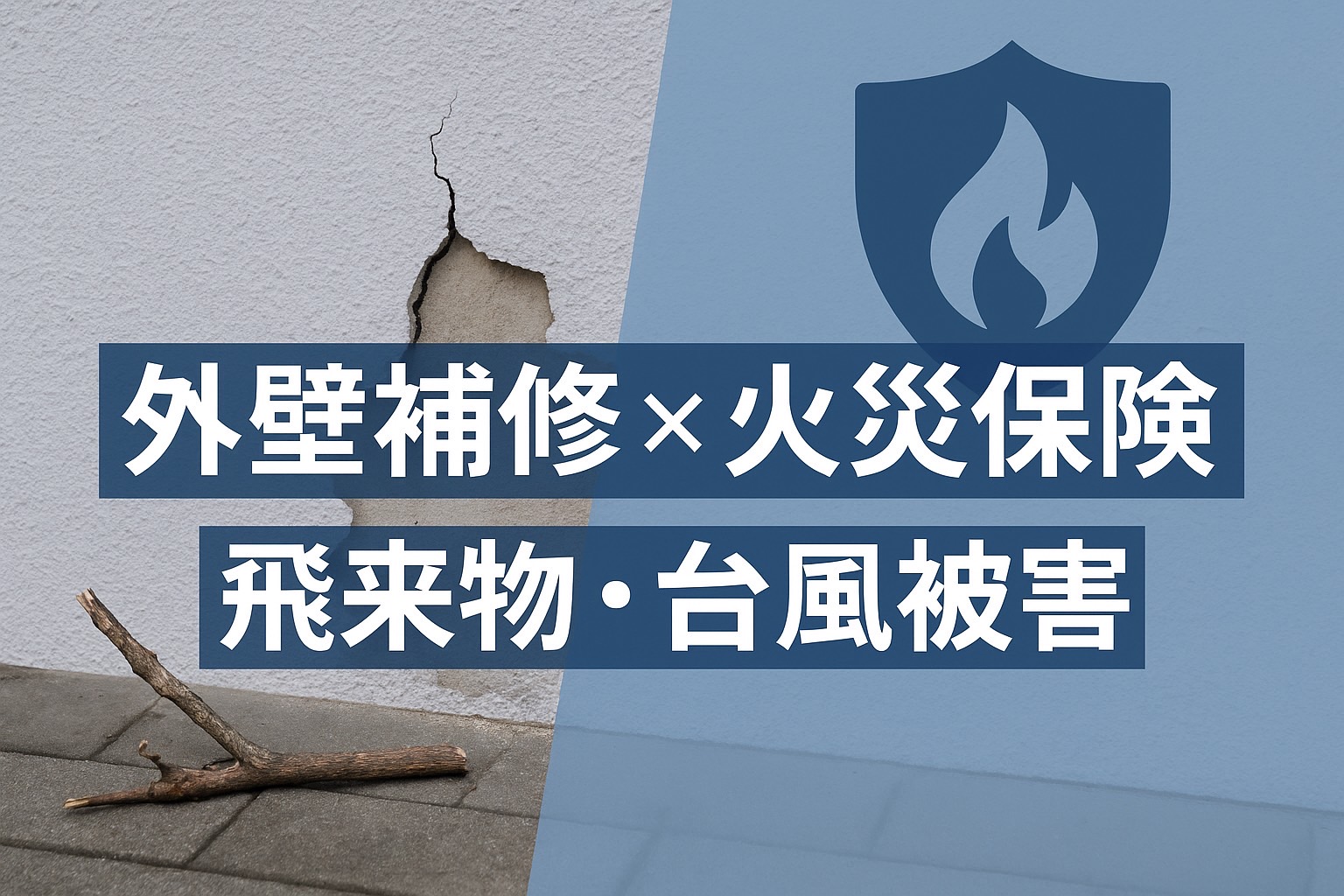 台風の飛来物でひび割れた外壁の補修イメージ