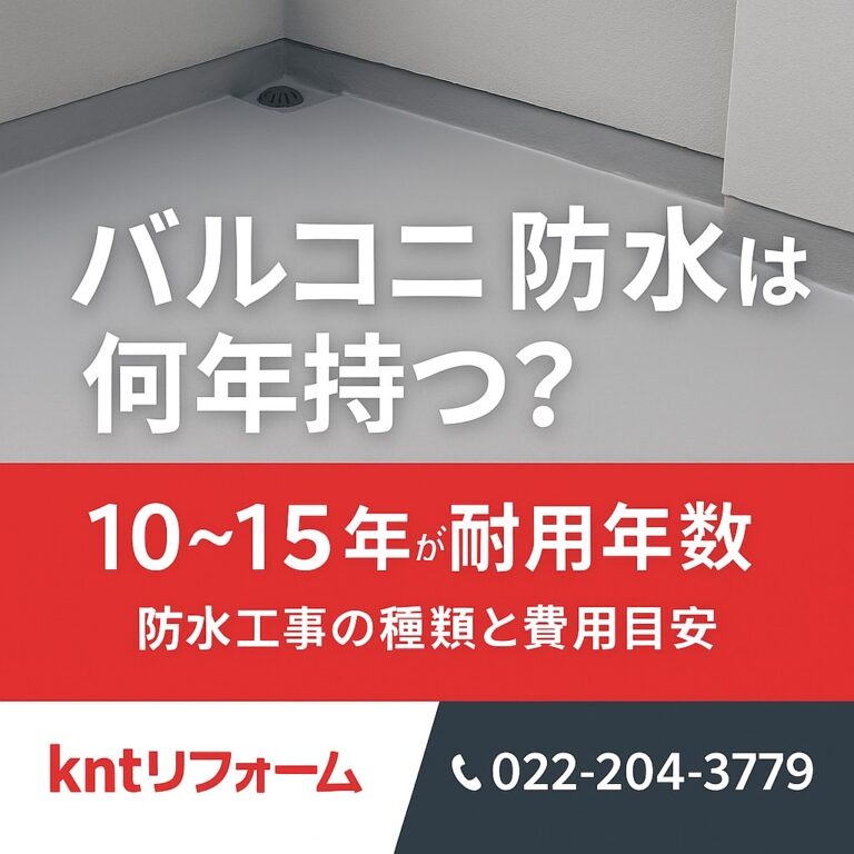 バルコニー防水は何年持つかを解説するアイキャッチ画像。10〜15年が耐用年数、防水工事の種類と費用目安を紹介。仙台市の住宅向け。
