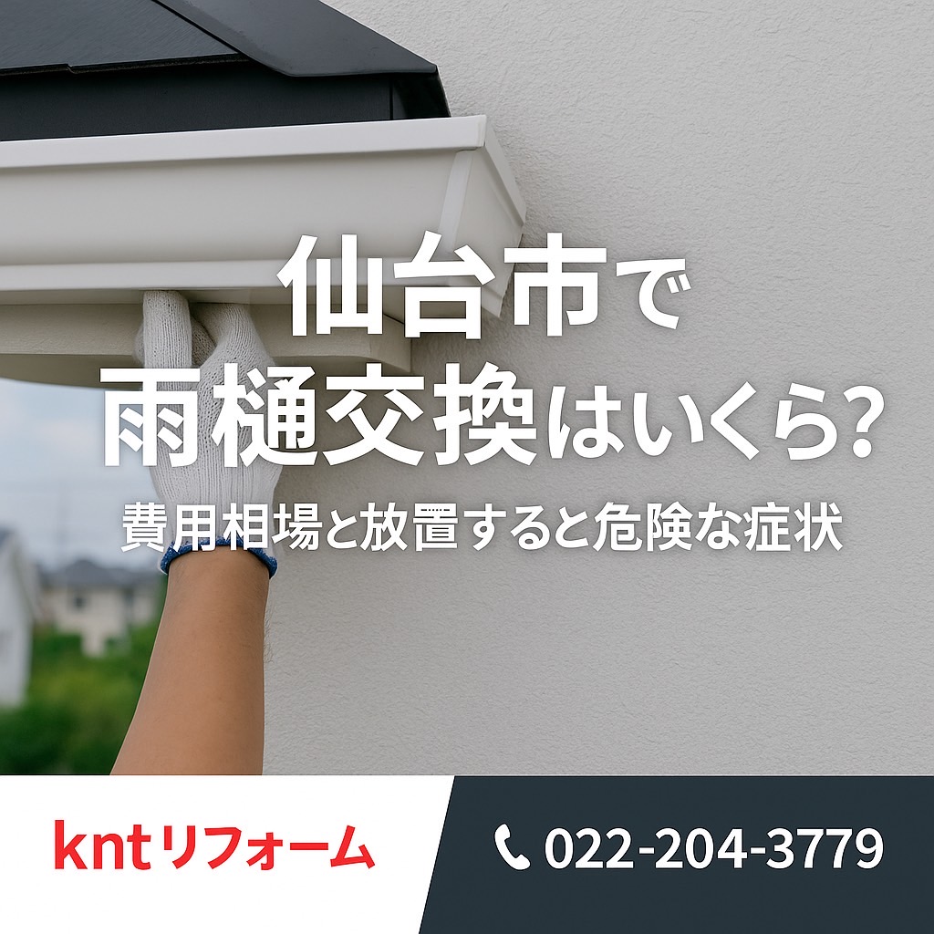 仙台市での雨樋交換を解説するアイキャッチ画像。作業中の雨樋の写真と「費用相場と放置リスク」を強調したデザイン。