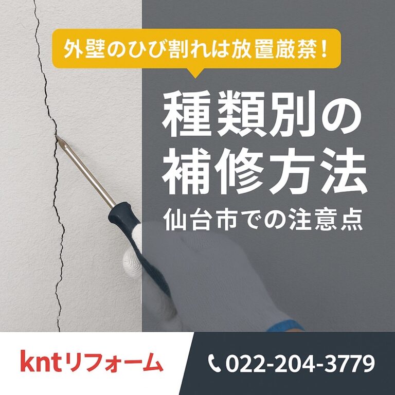 外壁のひび割れ（クラック）の危険性を伝えるアイキャッチ画像。放置は厳禁で、種類別の補修方法と仙台市での注意点を解説。