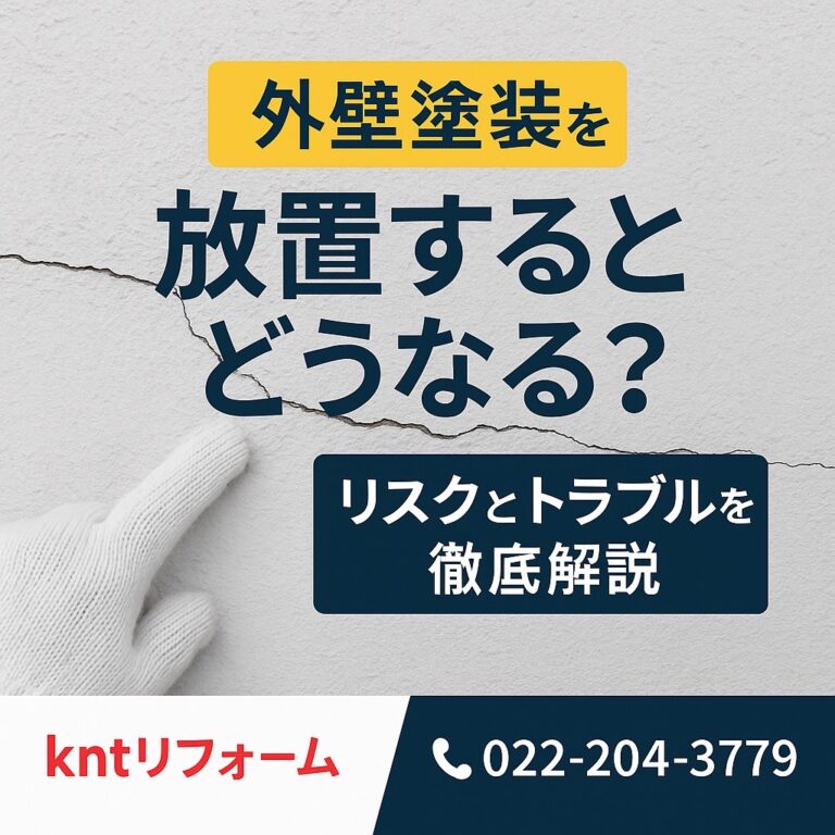 外壁塗装を放置した場合に起こるリスクを解説するアイキャッチ画像。劣化した外壁の写真と「仙台市で起こりやすいトラブル」を強調。