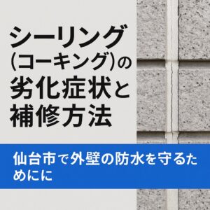 シーリング（コーキング）の劣化症状と補修方法を解説する仙台市向けブログ記事のアイキャッチ画像。外壁のひび割れを背景に「雨漏り防止に必須！」の赤帯キャッチコピーと、中央に白文字で大きくタイトルを表示。下部にkntリフォームのロゴと電話番号（022-204-3779）入り。
