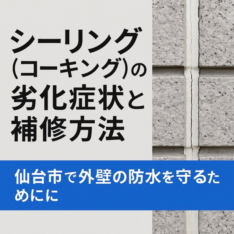 シーリング（コーキング）の劣化症状と補修方法を解説する仙台市向けブログ記事のアイキャッチ画像。外壁のひび割れを背景に「雨漏り防止に必須！」の赤帯キャッチコピーと、中央に白文字で大きくタイトルを表示。下部にkntリフォームのロゴと電話番号（022-204-3779）入り。