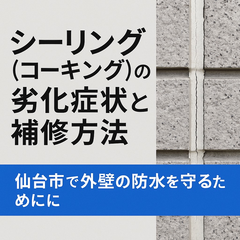 シーリング（コーキング）の劣化症状と補修方法を解説する仙台市向けブログ記事のアイキャッチ画像。外壁のひび割れを背景に「雨漏り防止に必須！」の赤帯キャッチコピーと、中央に白文字で大きくタイトルを表示。下部にkntリフォームのロゴと電話番号（022-204-3779）入り。