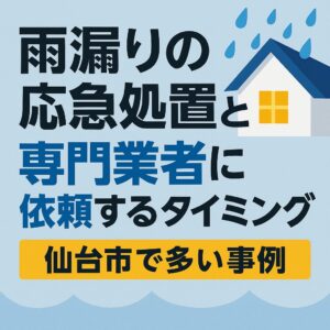 雨漏りの応急処置と専門業者に依頼するタイミングを解説するブログ記事のアイキャッチ画像。家の屋根に雨が降り注ぐイラストと、強調された文字で「雨漏りの応急処置と専門業者に依頼するタイミング」と表示。下部に「仙台市で多い事例」と黄色帯で記載。