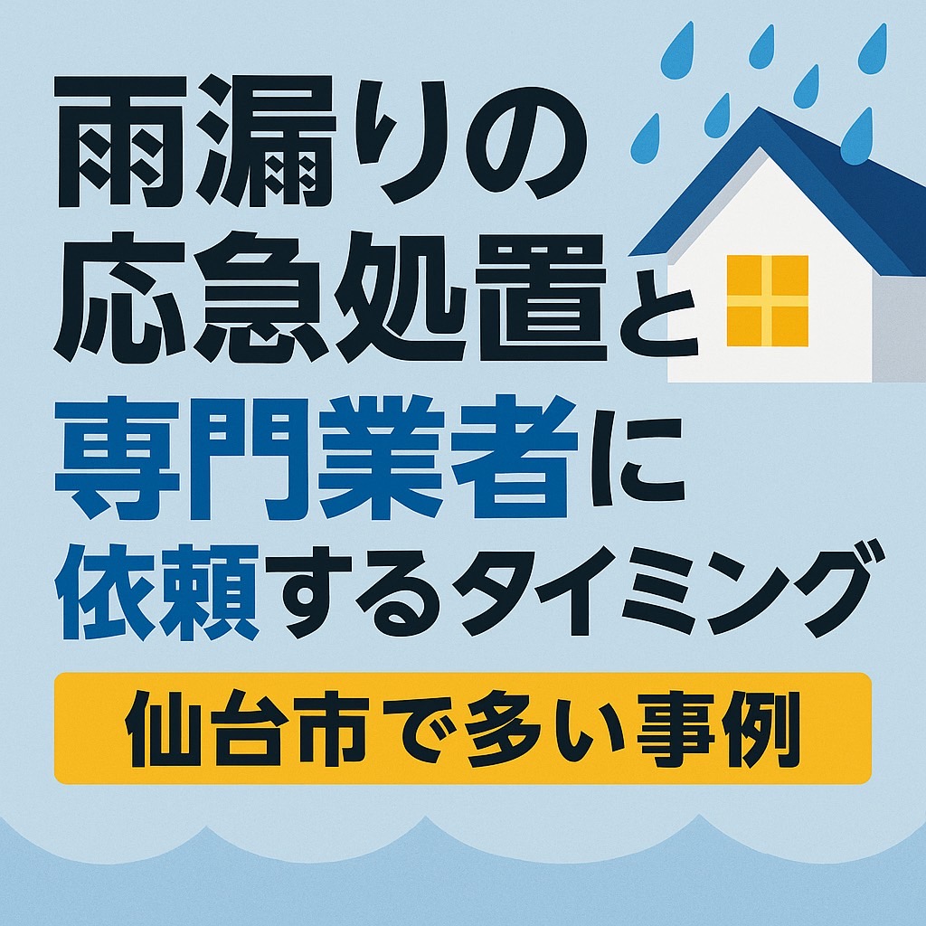 雨漏りの応急処置と専門業者に依頼するタイミングを解説するブログ記事のアイキャッチ画像。家の屋根に雨が降り注ぐイラストと、強調された文字で「雨漏りの応急処置と専門業者に依頼するタイミング」と表示。下部に「仙台市で多い事例」と黄色帯で記載。