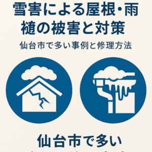 雪害による屋根・雨樋の被害と対策を紹介するブログ記事用アイキャッチ画像。青色のアイコンで、ひび割れた屋根と氷柱で歪んだ雨樋を表現し、タイトルに「雪害による屋根・雨樋の被害と対策　仙台市で多い事例と修理方法」と記載。冬の雪害リスクを視覚的に伝えるデザイン。