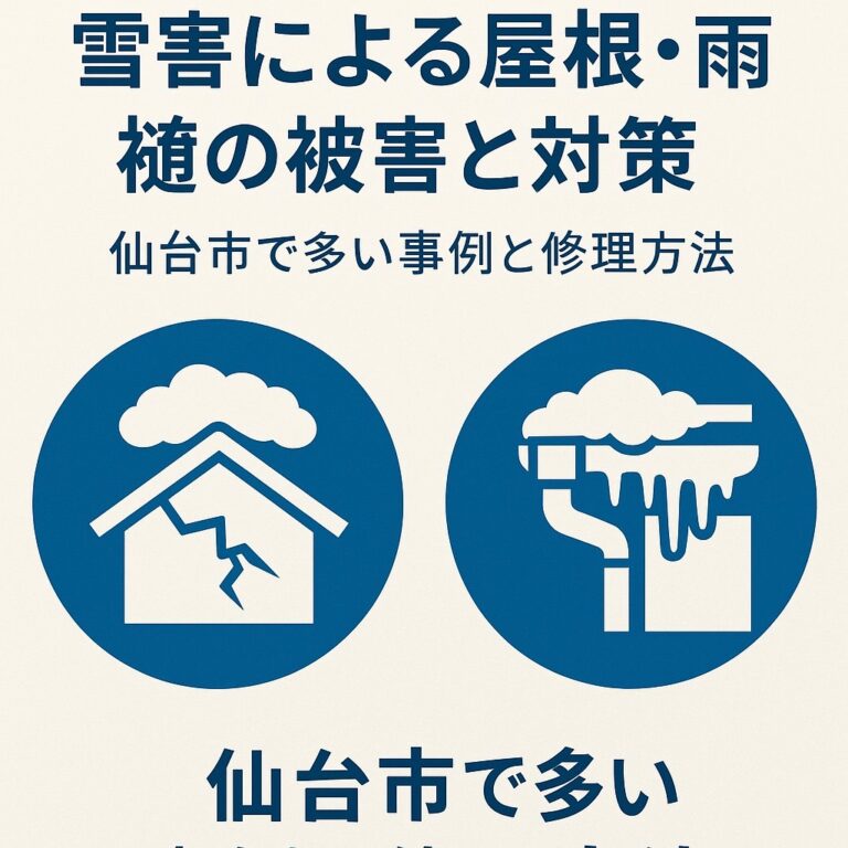 雪害による屋根・雨樋の被害と対策を紹介するブログ記事用アイキャッチ画像。青色のアイコンで、ひび割れた屋根と氷柱で歪んだ雨樋を表現し、タイトルに「雪害による屋根・雨樋の被害と対策　仙台市で多い事例と修理方法」と記載。冬の雪害リスクを視覚的に伝えるデザイン。