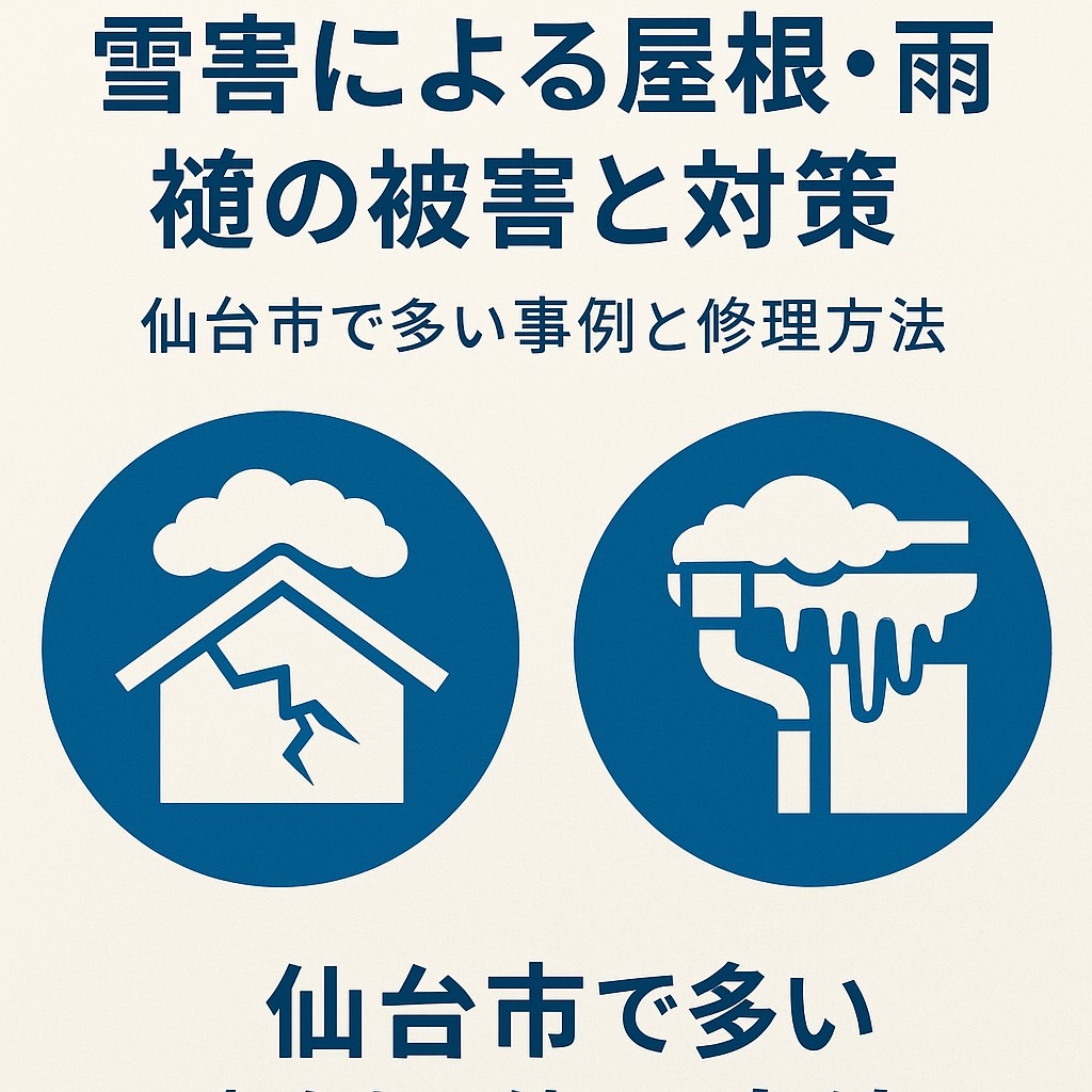 雪害による屋根・雨樋の被害と対策を紹介するブログ記事用アイキャッチ画像。青色のアイコンで、ひび割れた屋根と氷柱で歪んだ雨樋を表現し、タイトルに「雪害による屋根・雨樋の被害と対策　仙台市で多い事例と修理方法」と記載。冬の雪害リスクを視覚的に伝えるデザイン。