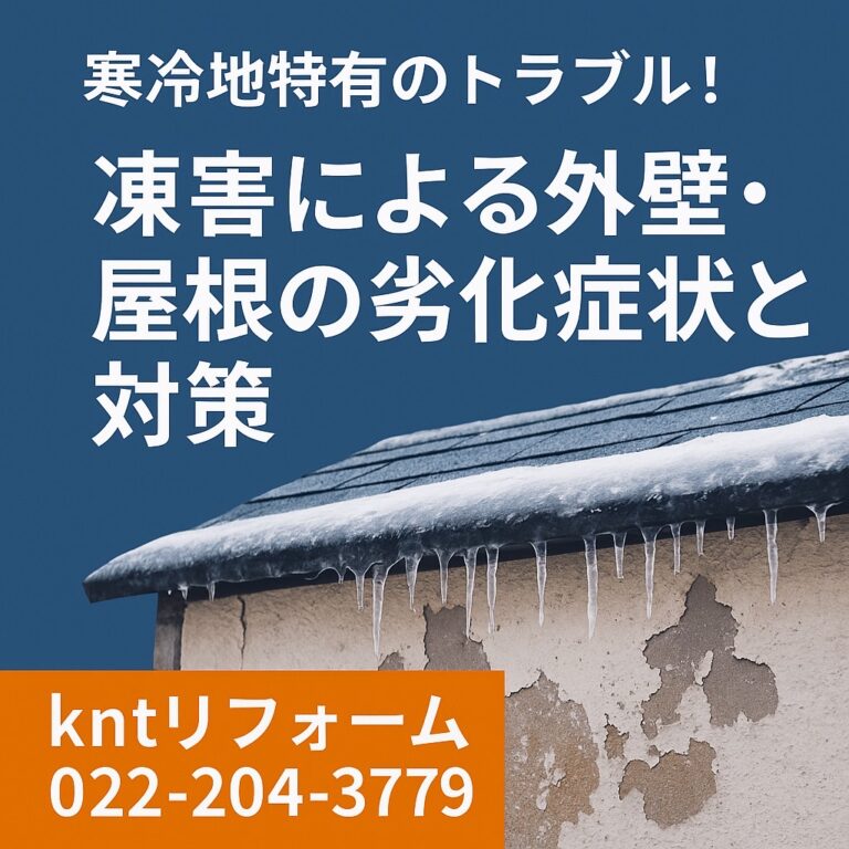凍害による外壁・屋根の劣化症状と対策を解説するブログ記事用アイキャッチ画像。青い背景に凍結とひび割れをイメージしたイラストを配置し、中央に白文字で「凍害による外壁・屋根の劣化症状と対策」と表示。上部に青帯で「寒冷地特有のトラブル！」と強調。下部に「kntリフォーム」と電話番号（022-204-3779）を記載した横長デザイン。