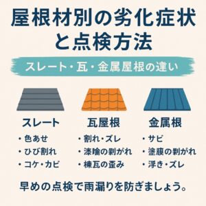 屋根材別の劣化症状と点検方法を解説するブログ記事用アイキャッチ画像。スレート屋根・瓦屋根・金属屋根を組み合わせた背景デザインに、中央へ白文字で「屋根材別の劣化症状と点検方法」と表示。上部に赤帯で「雨漏りを防ぐために必見！」を強調。下部には「kntリフォーム」と電話番号（022-204-3779）を記載した横長デザイン。