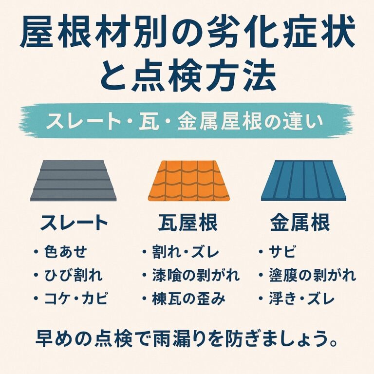 屋根材別の劣化症状と点検方法を解説するブログ記事用アイキャッチ画像。スレート屋根・瓦屋根・金属屋根を組み合わせた背景デザインに、中央へ白文字で「屋根材別の劣化症状と点検方法」と表示。上部に赤帯で「雨漏りを防ぐために必見！」を強調。下部には「kntリフォーム」と電話番号（022-204-3779）を記載した横長デザイン。