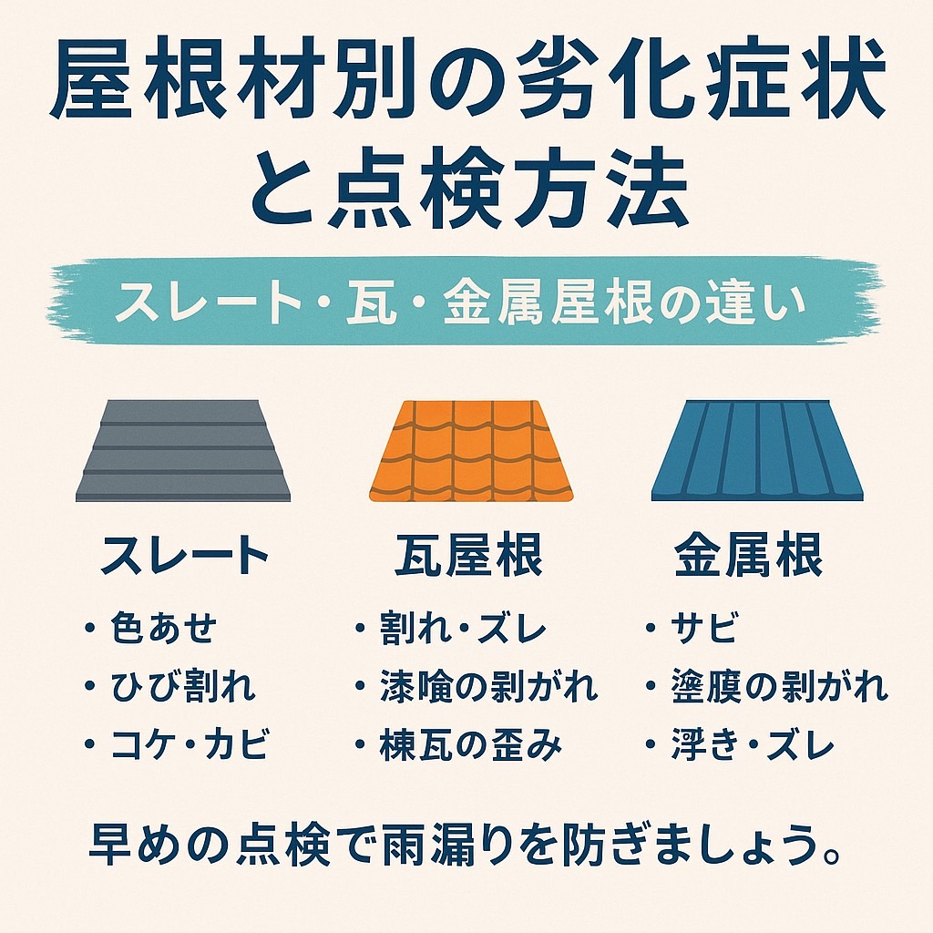 屋根材別の劣化症状と点検方法を解説するブログ記事用アイキャッチ画像。スレート屋根・瓦屋根・金属屋根を組み合わせた背景デザインに、中央へ白文字で「屋根材別の劣化症状と点検方法」と表示。上部に赤帯で「雨漏りを防ぐために必見！」を強調。下部には「kntリフォーム」と電話番号（022-204-3779）を記載した横長デザイン。