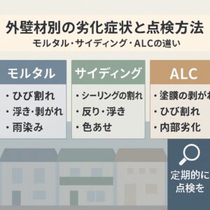 外壁材別の劣化症状と点検方法を解説するブログ記事用アイキャッチ画像。背景にモルタル・サイディング・ALCの外壁イラストを並べ、中央に白文字で「外壁材別の劣化症状と点検方法」と表示。上部に青帯で「劣化を見逃さない！」を強調し、下部に「kntリフォーム」と電話番号（022-204-3779）を記載した横長デザイン。