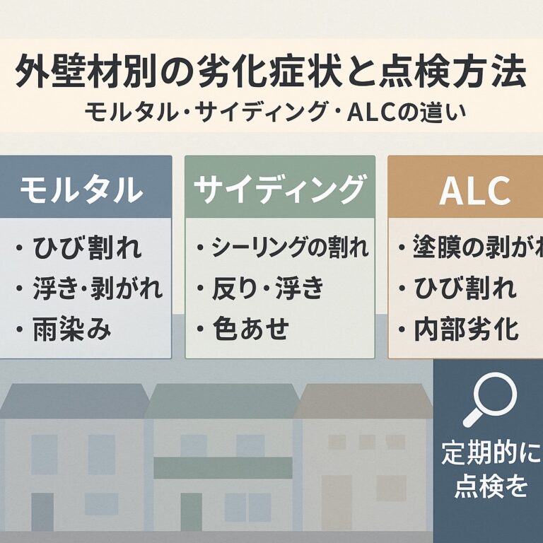 外壁材別の劣化症状と点検方法を解説するブログ記事用アイキャッチ画像。背景にモルタル・サイディング・ALCの外壁イラストを並べ、中央に白文字で「外壁材別の劣化症状と点検方法」と表示。上部に青帯で「劣化を見逃さない！」を強調し、下部に「kntリフォーム」と電話番号（022-204-3779）を記載した横長デザイン。