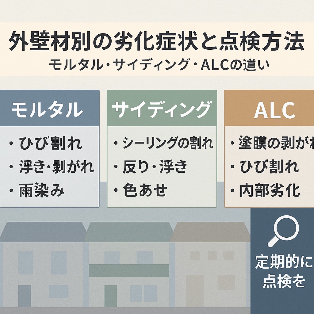 外壁材別の劣化症状と点検方法を解説するブログ記事用アイキャッチ画像。背景にモルタル・サイディング・ALCの外壁イラストを並べ、中央に白文字で「外壁材別の劣化症状と点検方法」と表示。上部に青帯で「劣化を見逃さない！」を強調し、下部に「kntリフォーム」と電話番号（022-204-3779）を記載した横長デザイン。