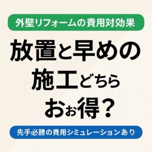 外壁リフォームの費用対効果をテーマにしたブログ記事用アイキャッチ画像。ベージュの背景に黒文字で「放置と早めの施工どちらがお得？」と大きく配置。上部に緑帯で「外壁リフォームの費用対効果」、下部に青帯で「先手必勝の費用シミュレーションあり」と表示された横長デザイン。