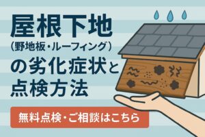 屋根下地（野地板・ルーフィング）の劣化症状と点検方法を解説するブログ記事用アイキャッチ画像。屋根の断面イラストに雨水が落ち、野地板が劣化している様子を描写。左側に大きく「屋根下地（野地板・ルーフィング）の劣化症状と点検方法」と表示し、下部に赤帯で「無料点検・ご相談はこちら」を強調した横長デザイン。