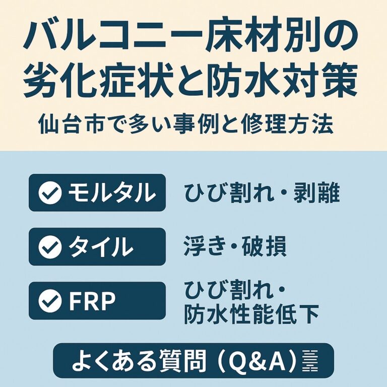 バルコニー床材別の劣化症状と防水対策を解説するブログ記事用アイキャッチ画像。背景は淡いベージュとブルーのツートン。中央に大きく「バルコニー床材別の劣化症状と防水対策」と表示。下部にモルタル・タイル・FRPの劣化症状を箇条書きで示した横長デザイン。
