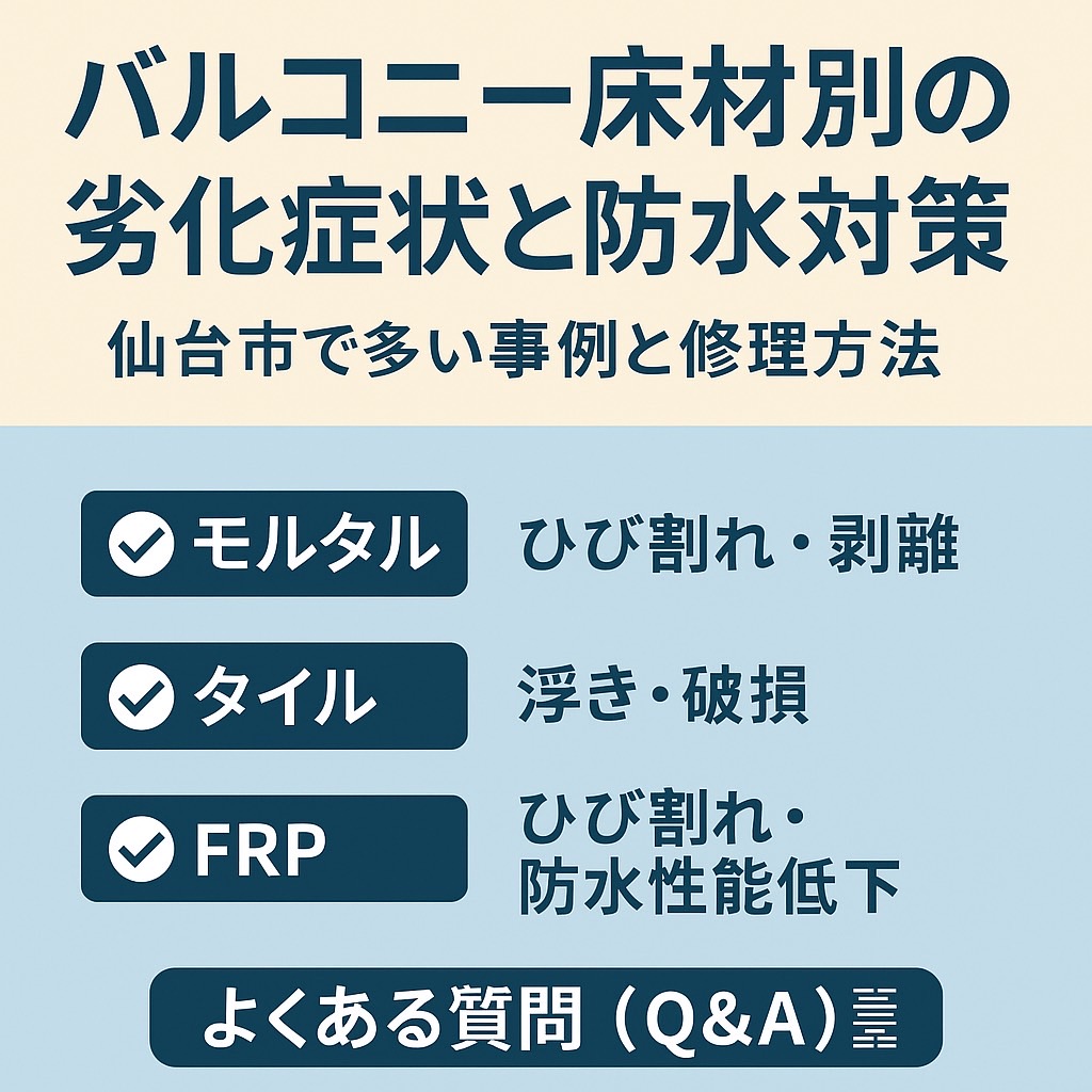 バルコニー床材別の劣化症状と防水対策を解説するブログ記事用アイキャッチ画像。背景は淡いベージュとブルーのツートン。中央に大きく「バルコニー床材別の劣化症状と防水対策」と表示。下部にモルタル・タイル・FRPの劣化症状を箇条書きで示した横長デザイン。