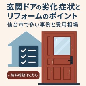 玄関ドアの劣化症状とリフォームのポイントを解説するブログ記事用アイキャッチ画像。劣化した玄関ドアのイラストとチェックリストアイコンを背景に、中央へ大きく記事タイトルを配置したデザイン。