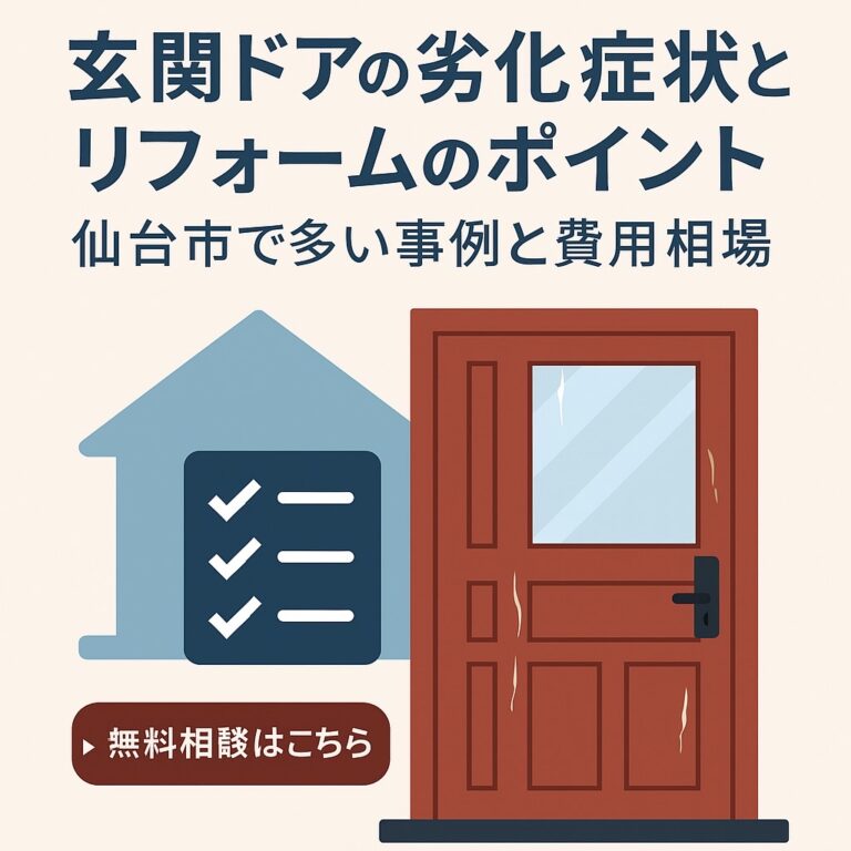 玄関ドアの劣化症状とリフォームのポイントを解説するブログ記事用アイキャッチ画像。劣化した玄関ドアのイラストとチェックリストアイコンを背景に、中央へ大きく記事タイトルを配置したデザイン。