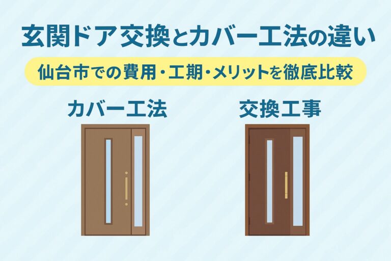 玄関ドアリフォームにおける「カバー工法」と「交換工事」の違いを比較したブログ記事用アイキャッチ画像。2種類の玄関ドアを並べて表示し、費用・工期・メリットの違いを強調。