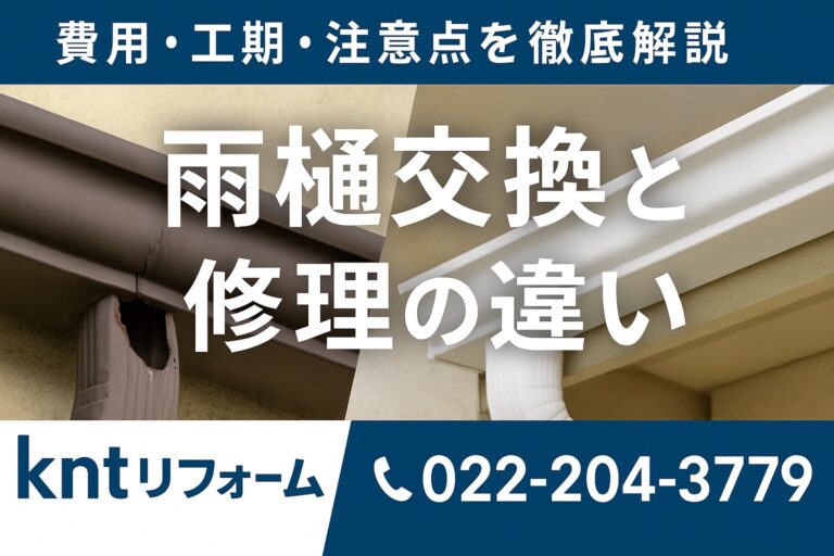 雨樋交換と修理の違いを解説するブログ用アイキャッチ画像。破損した雨樋と新しい雨樋を左右に並べ、中央に白文字でタイトルを配置。上部に「費用・工期・注意点を徹底解説」と表示し、下部にkntリフォームのロゴと電話番号を記載。