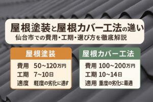 屋根塗装と屋根カバー工法の違いを解説するアイキャッチ画像。費用・工期・適用条件を比較し、仙台市での選び方をわかりやすく示したデザイン。