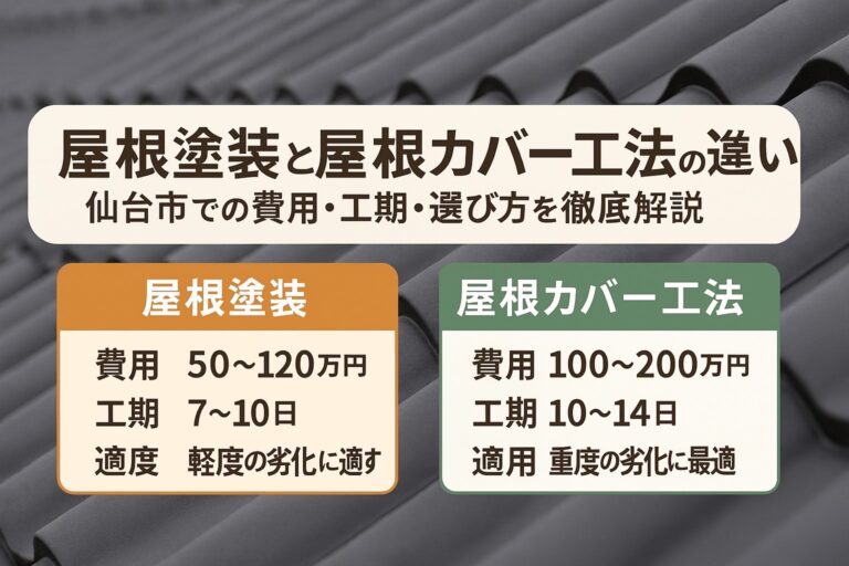 屋根塗装と屋根カバー工法の違いを解説するアイキャッチ画像。費用・工期・適用条件を比較し、仙台市での選び方をわかりやすく示したデザイン。