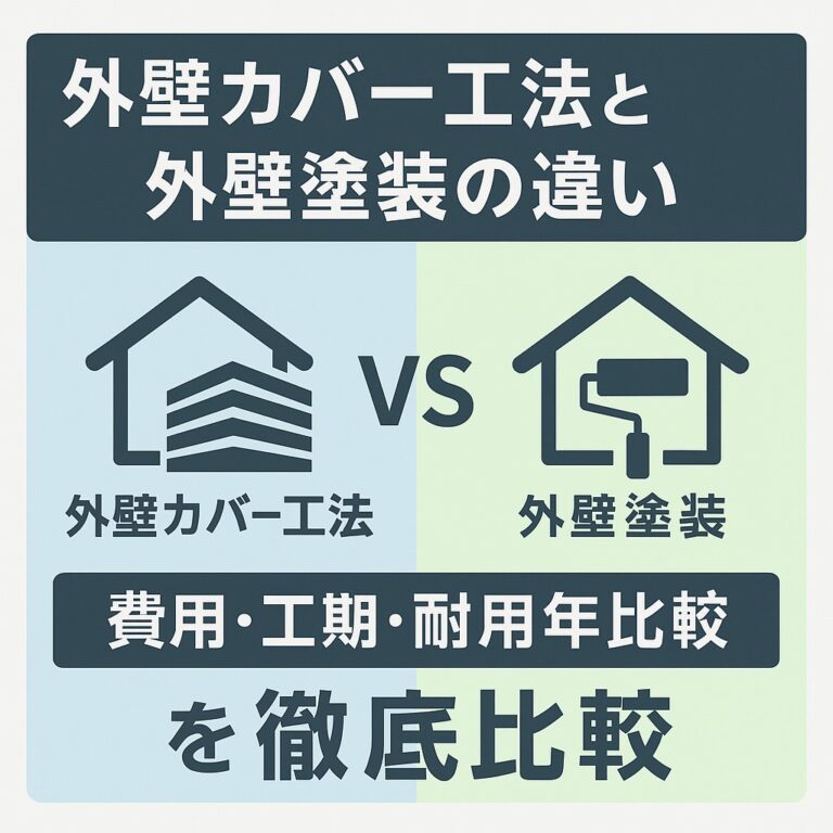 外壁カバー工法と外壁塗装の違いを比較するアイキャッチ画像。費用・工期・耐用年数を徹底比較する内容を強調したデザイン。