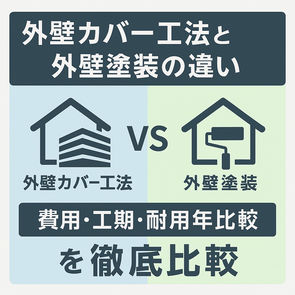外壁カバー工法と外壁塗装の違いを比較するアイキャッチ画像。費用・工期・耐用年数を徹底比較する内容を強調したデザイン。