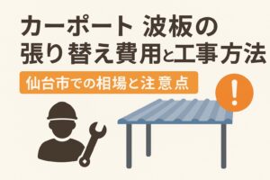 仙台市でカーポート波板の張り替え費用と工事方法を紹介するアイキャッチ画像。古い波板と新しい波板を対比させ、相場と注意点を強調したデザイン。