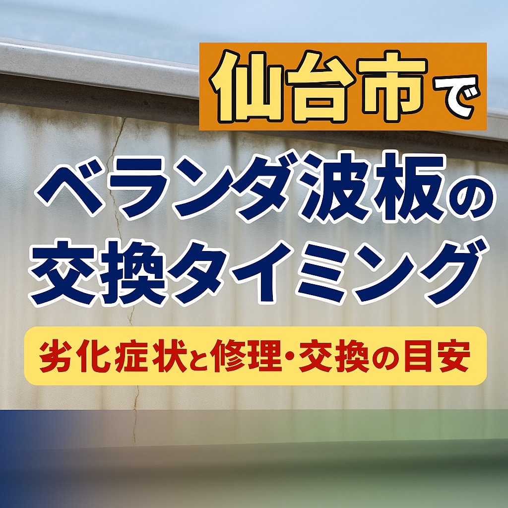 仙台市でベランダ波板の交換タイミングを解説するアイキャッチ画像。劣化した波板を背景に、交換目安や注意点を強調したデザイン。