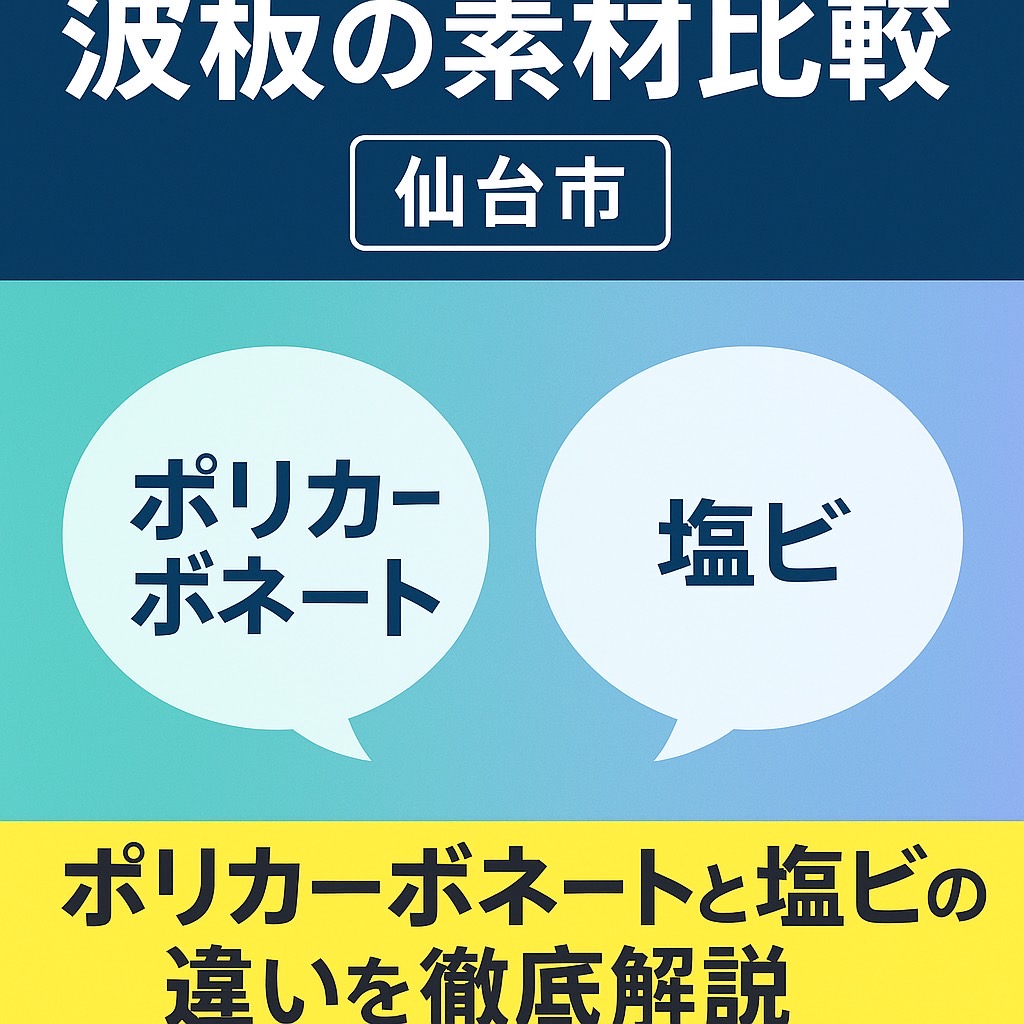 仙台市で波板の素材比較を解説するアイキャッチ画像。ポリカーボネート波板と塩ビ波板の違いをわかりやすく対比したデザイン。