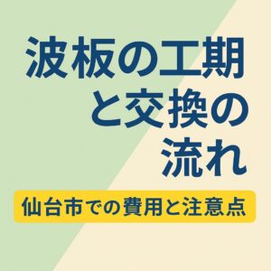仙台市で波板交換の工期と流れを解説するアイキャッチ画像。費用や注意点をわかりやすく強調したデザイン。
