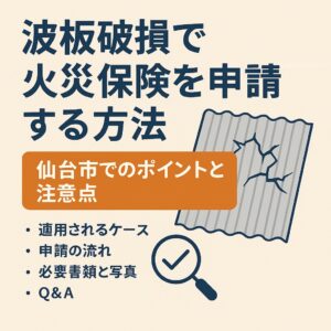 仙台市で波板が台風や雪害で破損した際に火災保険を申請する方法を解説するアイキャッチ画像。申請の流れや注意点を強調。