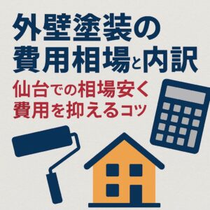 仙台市青葉区・太白区で外壁塗装を検討中の方向けアイキャッチ画像。外壁の劣化症状と費用相場を解説するブログ記事の紹介デザイン。赤帯に地域密着のkntリフォーム、下部に電話番号022-204-3779を掲載。