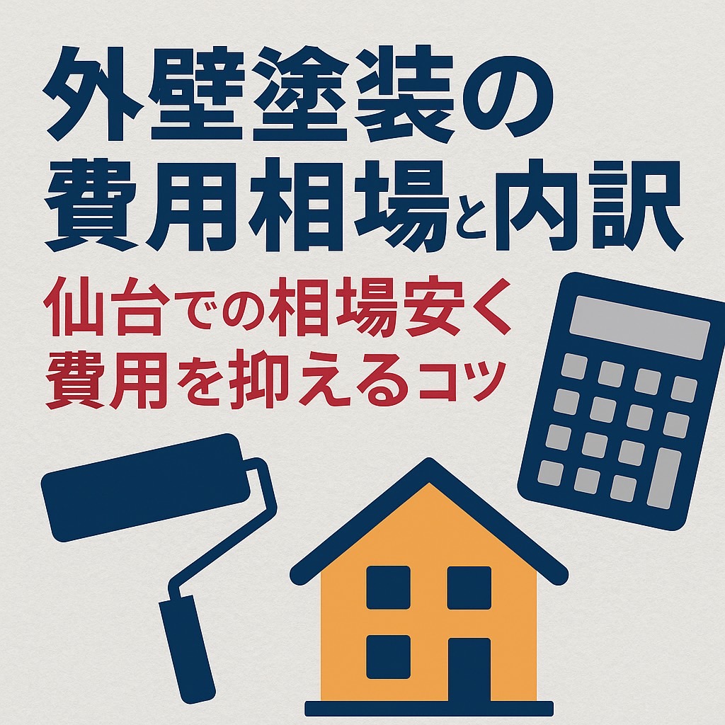 仙台市青葉区・太白区で外壁塗装を検討中の方向けアイキャッチ画像。外壁の劣化症状と費用相場を解説するブログ記事の紹介デザイン。赤帯に地域密着のkntリフォーム、下部に電話番号022-204-3779を掲載。