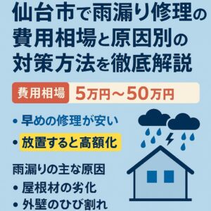 仙台市で雨漏り修理の費用相場と原因別の対策方法を解説するブログ記事のアイキャッチ画像｜火災保険や助成金の活用も紹介
