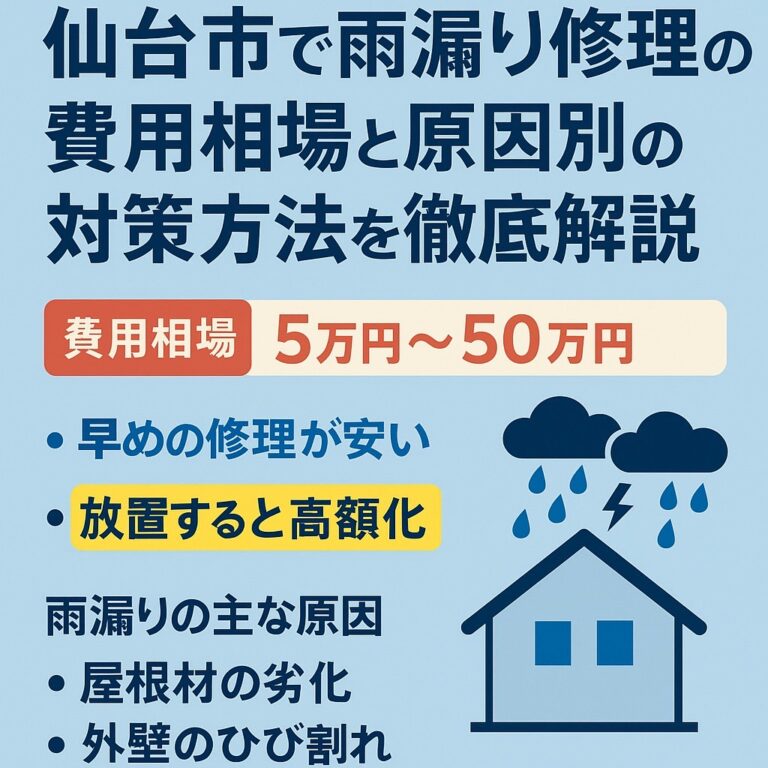 仙台市で雨漏り修理の費用相場と原因別の対策方法を解説するブログ記事のアイキャッチ画像｜火災保険や助成金の活用も紹介