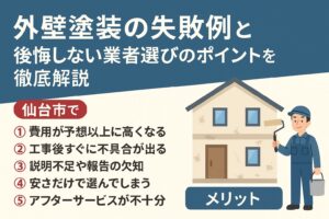仙台市で外壁塗装の失敗例と後悔しない業者選びのポイントを解説するブログ記事のアイキャッチ画像｜チェックリスト付き解説