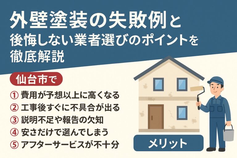 仙台市で外壁塗装の失敗例と後悔しない業者選びのポイントを解説するブログ記事のアイキャッチ画像｜チェックリスト付き解説