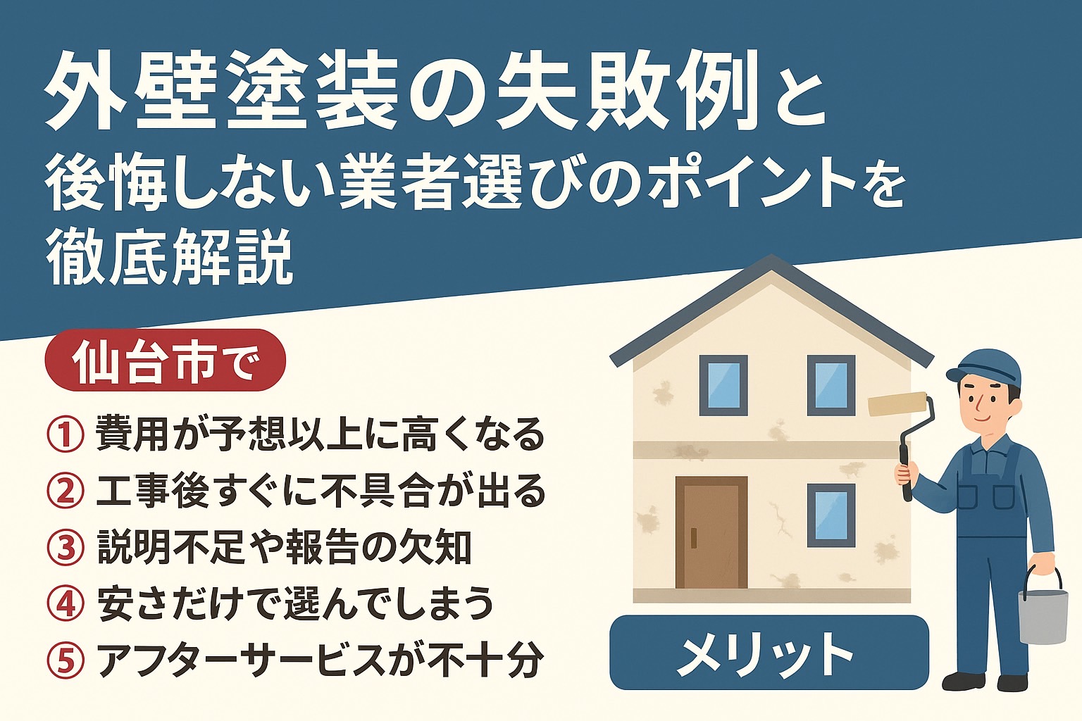 仙台市で外壁塗装の失敗例と後悔しない業者選びのポイントを解説するブログ記事のアイキャッチ画像｜チェックリスト付き解説
