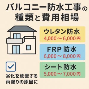 仙台市でバルコニー防水工事の種類と費用相場を解説するブログ記事のアイキャッチ画像｜ウレタン・FRP・シート防水の特徴を比較