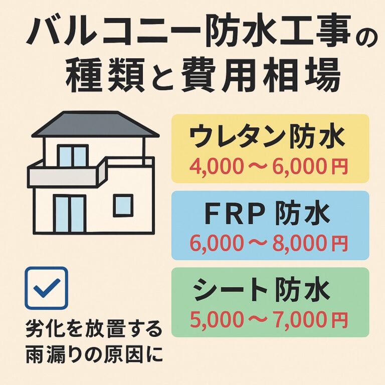 仙台市でバルコニー防水工事の種類と費用相場を解説するブログ記事のアイキャッチ画像｜ウレタン・FRP・シート防水の特徴を比較