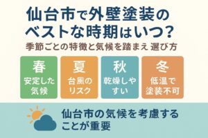 仙台市で外壁塗装のベストな時期を解説するブログ記事のアイキャッチ画像｜春・夏・秋・冬の特徴と仙台の気候を紹介
