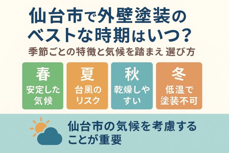 仙台市で外壁塗装のベストな時期を解説するブログ記事のアイキャッチ画像｜春・夏・秋・冬の特徴と仙台の気候を紹介